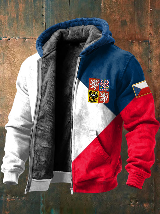 Retro geometric patchwork czech badge fleecelined hooded jacket