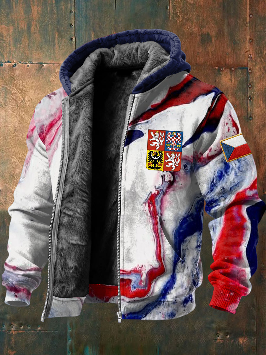 Retro abstraktní textura česká odznak fleecelemovaná bunda s kapucinou