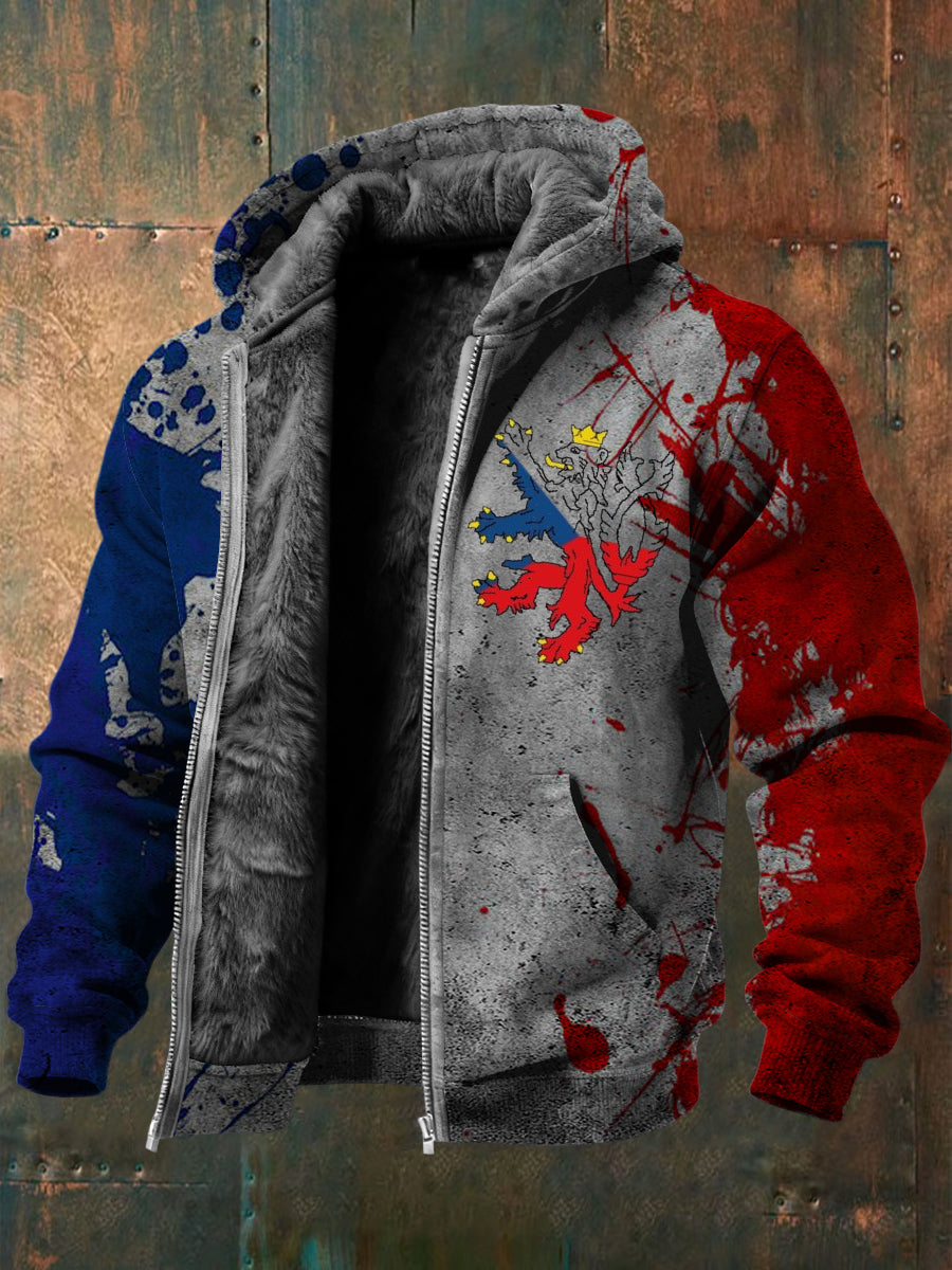 Pánské splatter česká republika lion print fleecelined with hooded jacket