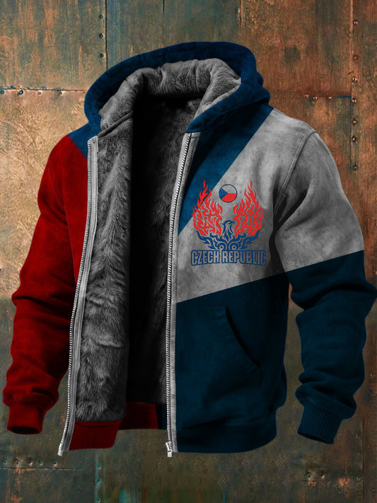 Pánské barvyblok česká republika flaming eagle print fleecelined with hooded jacket