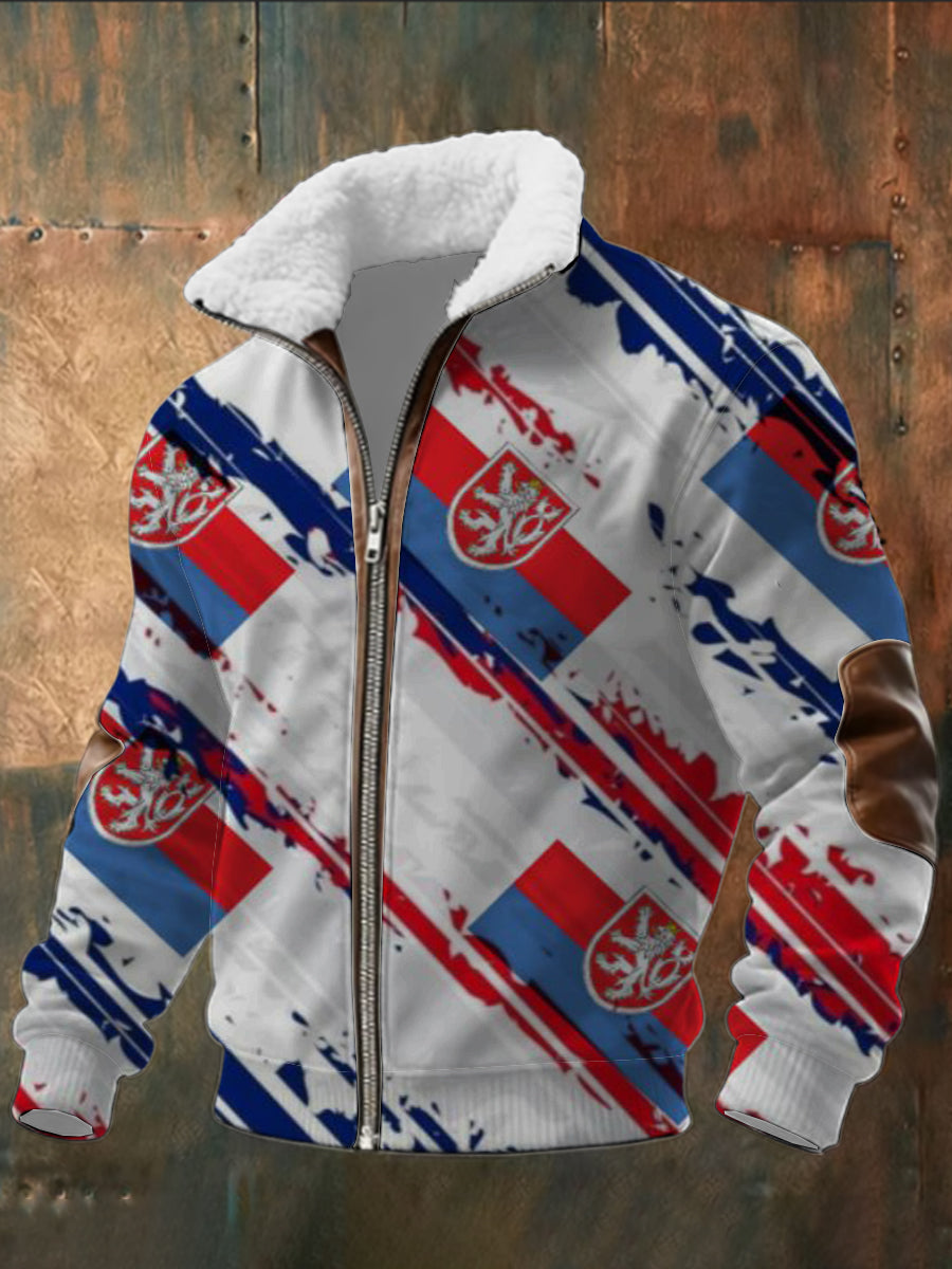 Pánský vzor českého znaku vlajka tisk patchwork sherpalemovaný zips bunda