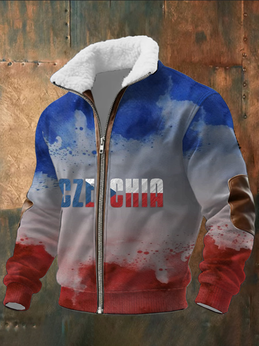 Pánské akvarely czechia vlajka tisk patchwork sherpalemovaný zips bunda
