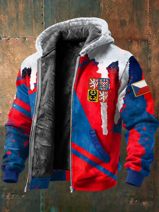 Retro czech emblem abstraktní geometrické fleecelemované kabát s kapucinou