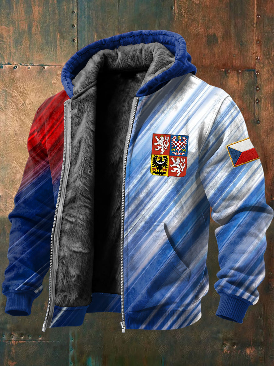 Retro czech flag gradient stripe fleecelined hooded jacket