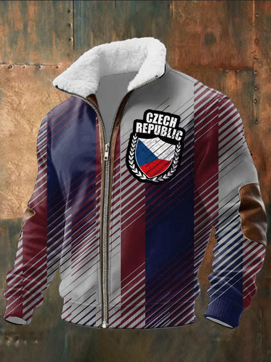 Pánská pruhovaná česká republika odznak tisk patchwork sherpalemovaná kabeta na zips