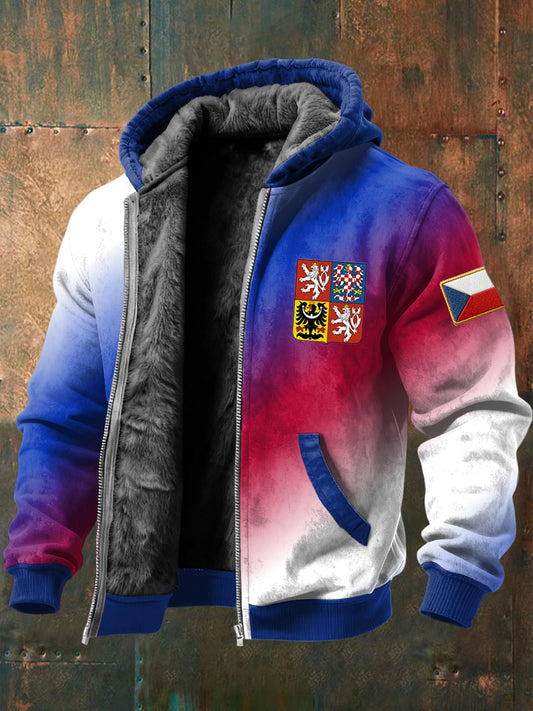 Retro czech emblem gradient color fleecelined with hooded jacket
