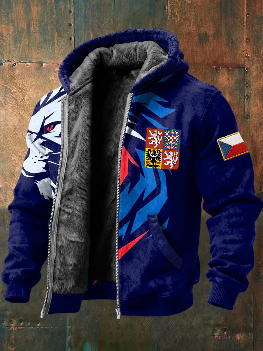 Retro czech flag lion fleecelined with hooded jacket