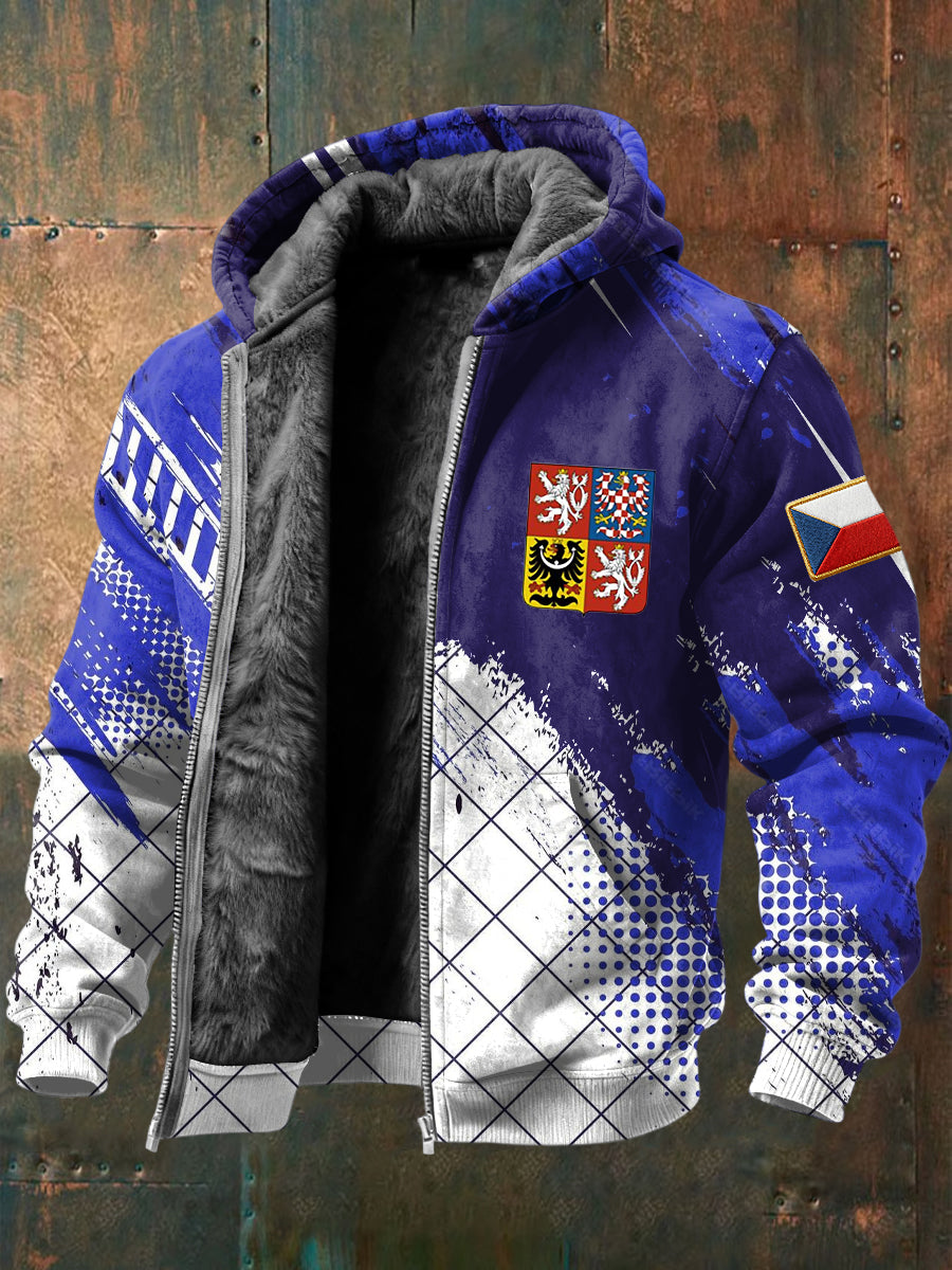 Retro abstraktní barevná česká odznak fleecelemovaná bunda s kapucinou