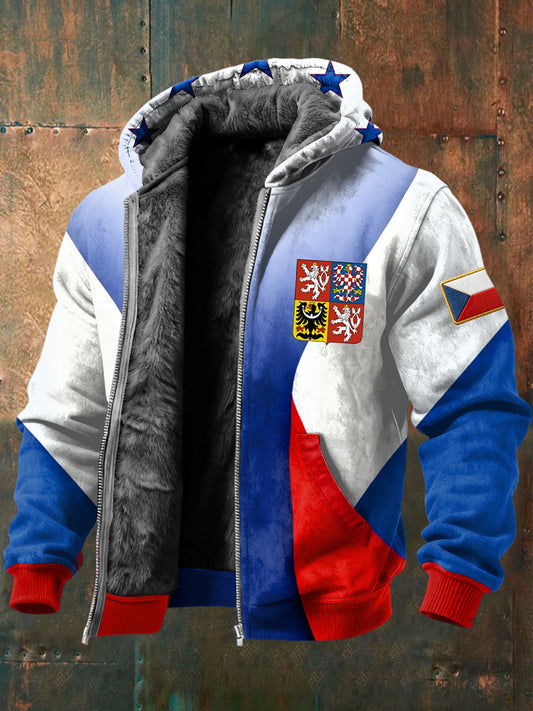 Retro barevné geometrické české vlajky fleecelemované kabát s kapucinou
