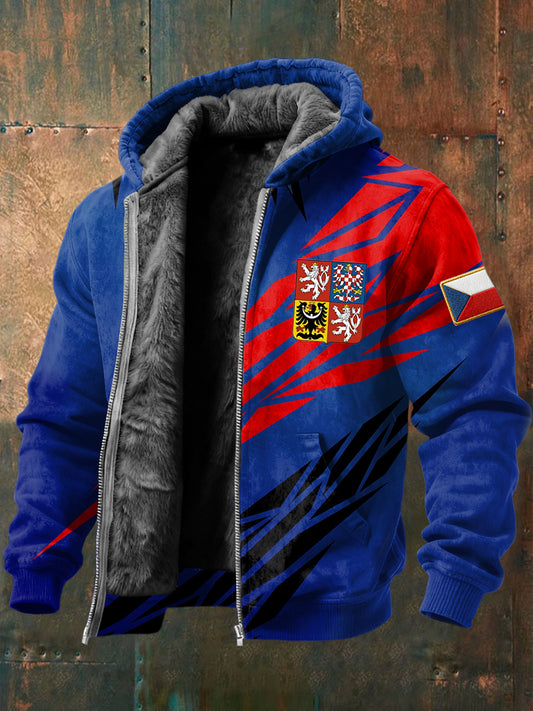 Retro gradient geometric czech badge fleecelined hooded jacket