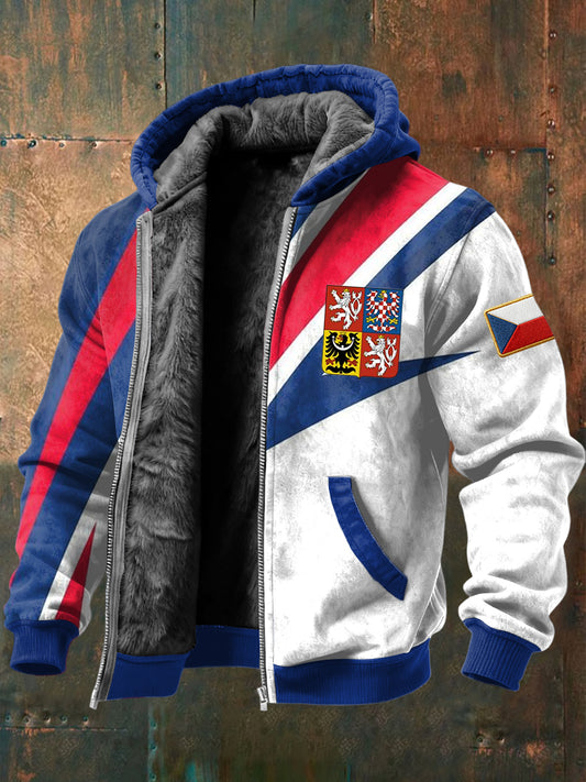 Retro abstract geometric czech badge fleecelined hooded jacket