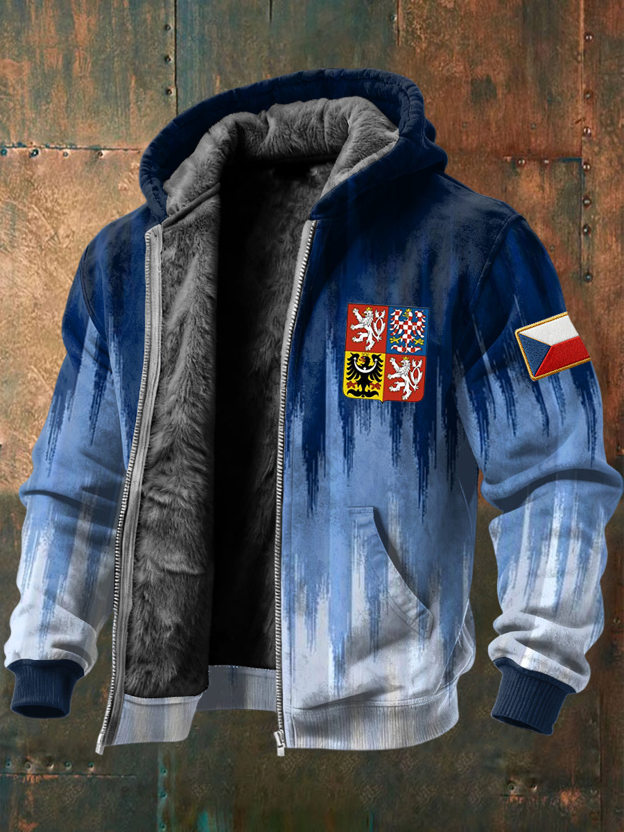 Retro gradient geometric czech flag fleecelined hooded jacket
