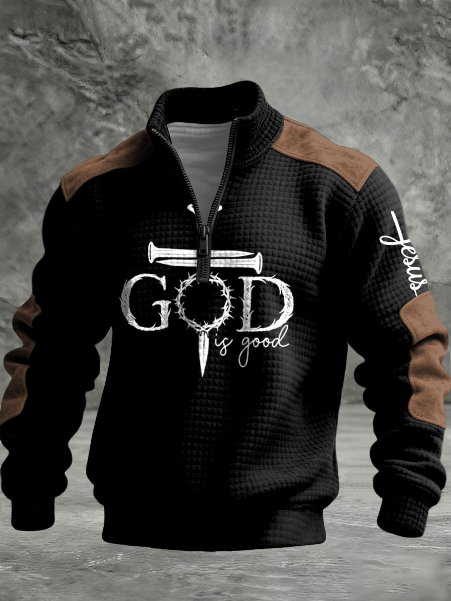 Retro patchwork god is good printed zipper pullover