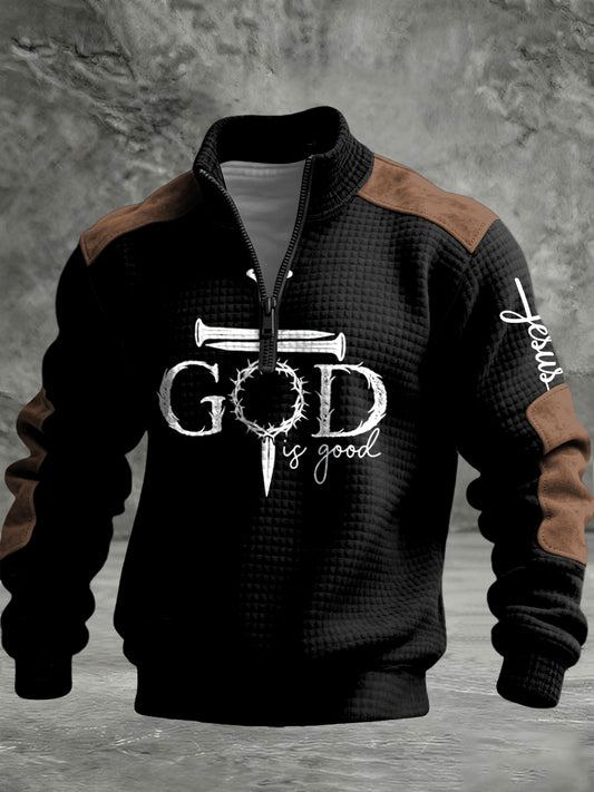 Retro patchwork god is good printed zipper pullover