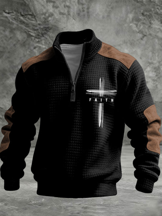 Retro patchwork faith print zips pullover