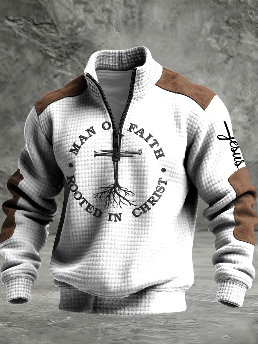 Retro patchwork faithinspirované tisk zips pullover