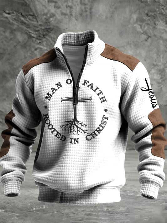 Retro patchwork faithinspirované tisk zips pullover