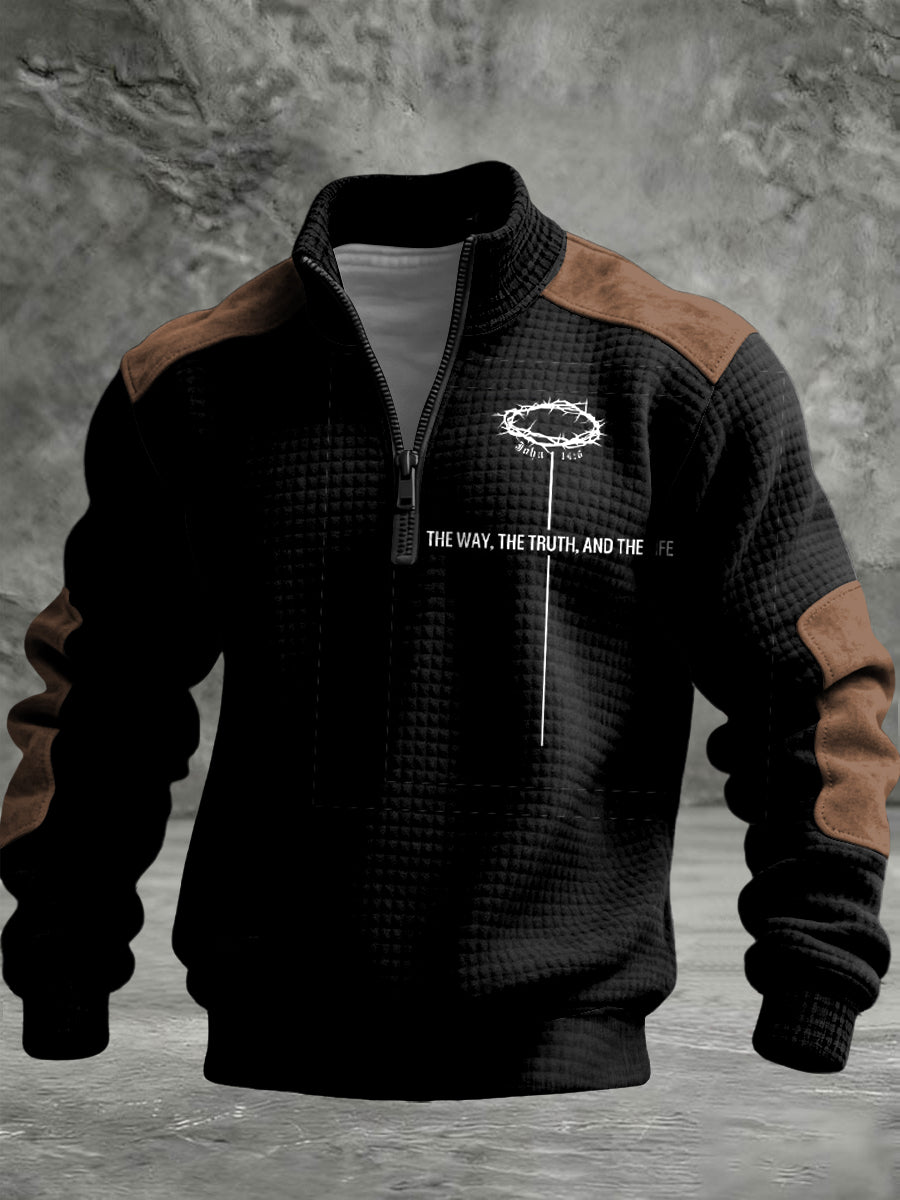 Retro patchwork the way the truth the life print zipper pullover