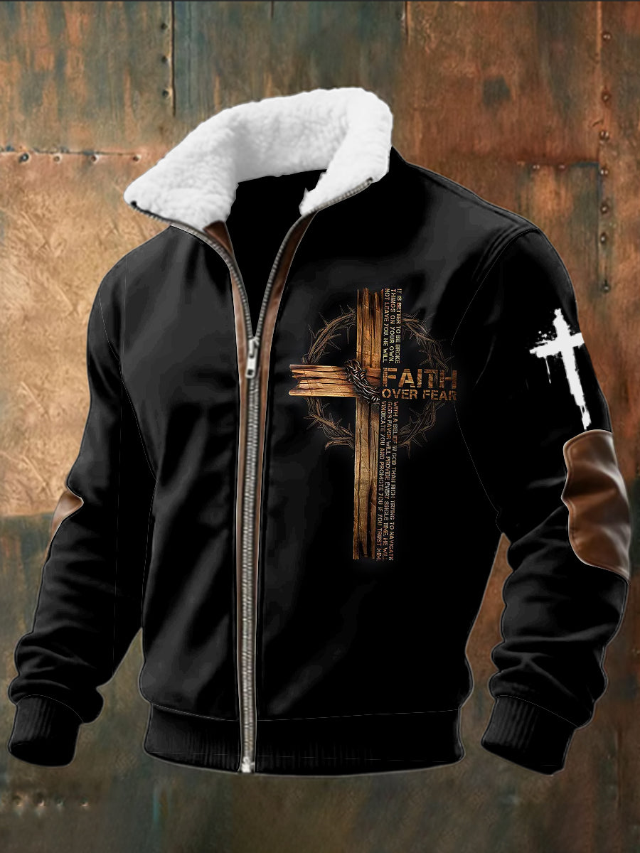 Retro faith over fear casual zipper jacket