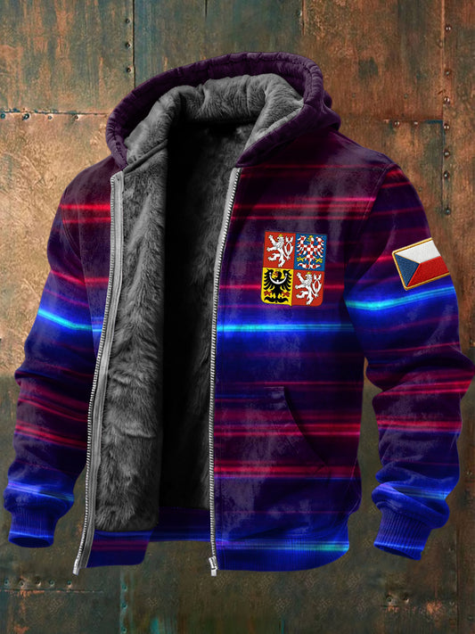 Retro czech badge neon pruhované fleecelemované kabát s kapucinou