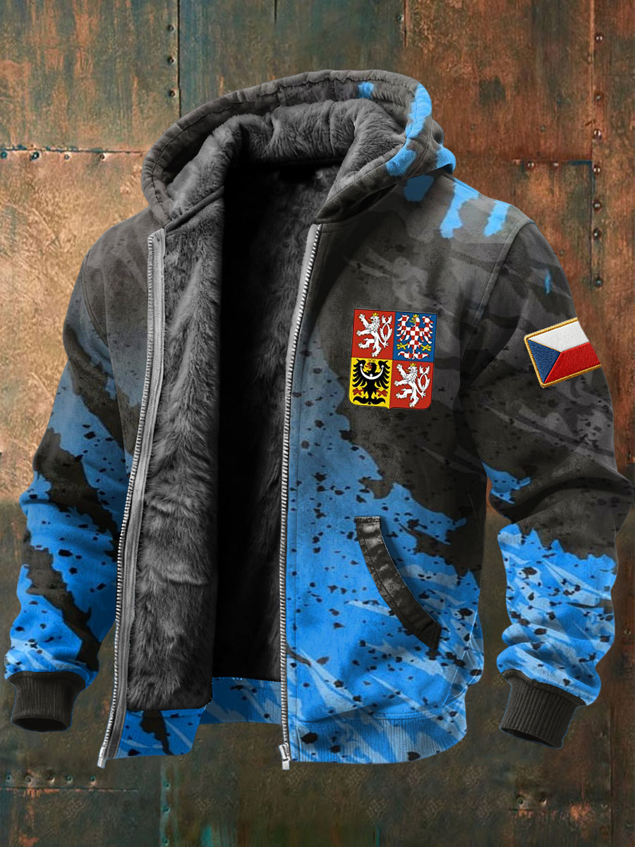 Retro texturované české emblémy fleecelemované kabát s kapucinou