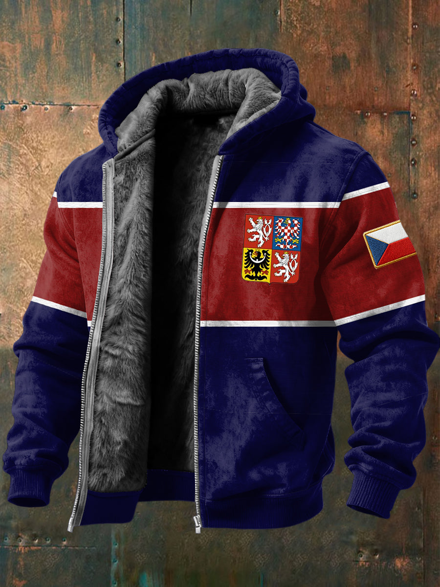 Retro czech badge striped fleecelined hooded jacket