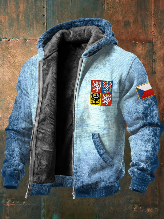 Ročníkstyl znepokojená česká embléma fleecelemované kabát s kapucinou