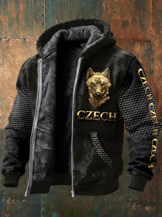 Pánské czech wolf print fleecelined casual jacket