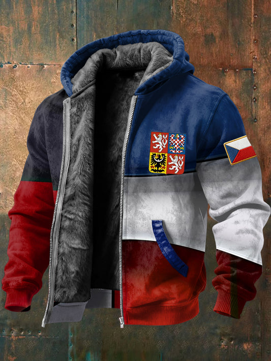 Retro czech badge geometric patchwork fleecelined hooded jacket