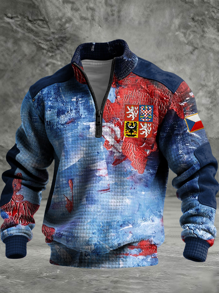 Retro česká vlajka abstraktní olejomaľba zips pulóver