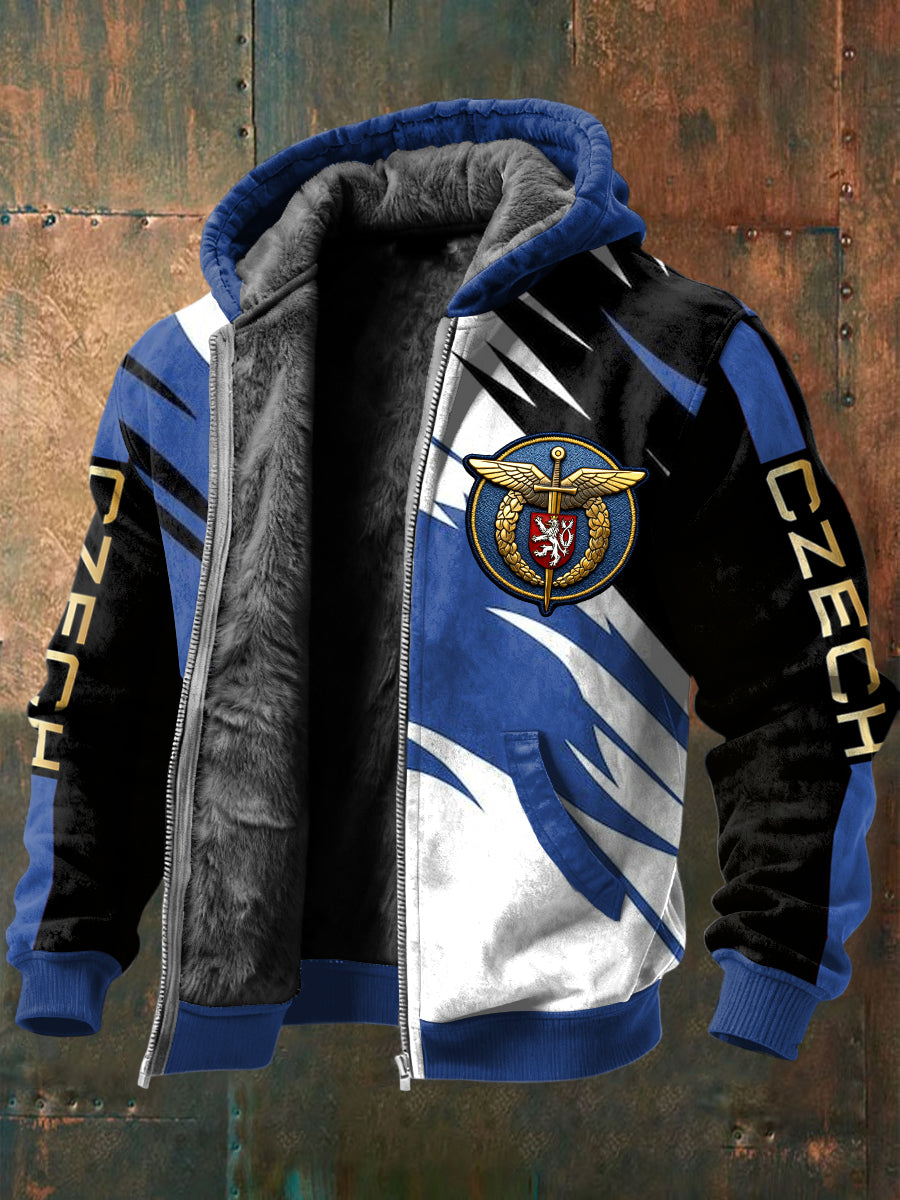 Retro czech air force emblem fleecelined with hooded jacket