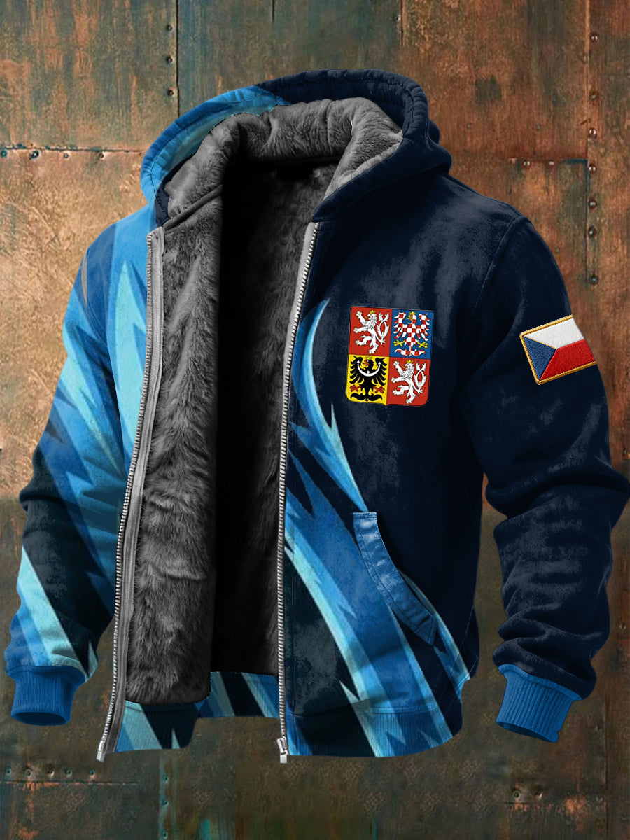 Retro abstract line czech emblem fleecelined with hooded jacket