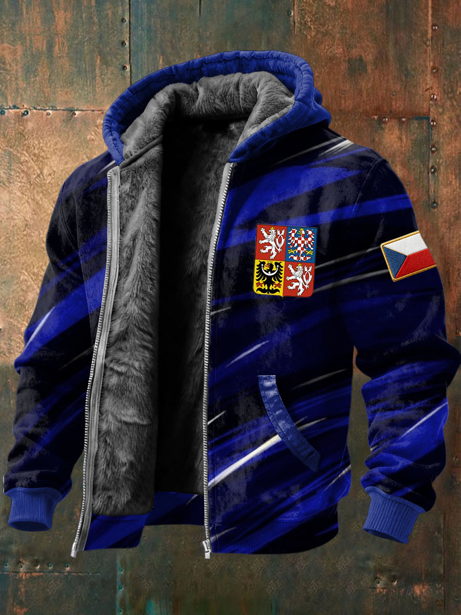 Retro abstraktní pruh czech emblem fleecelined with hooded jacket