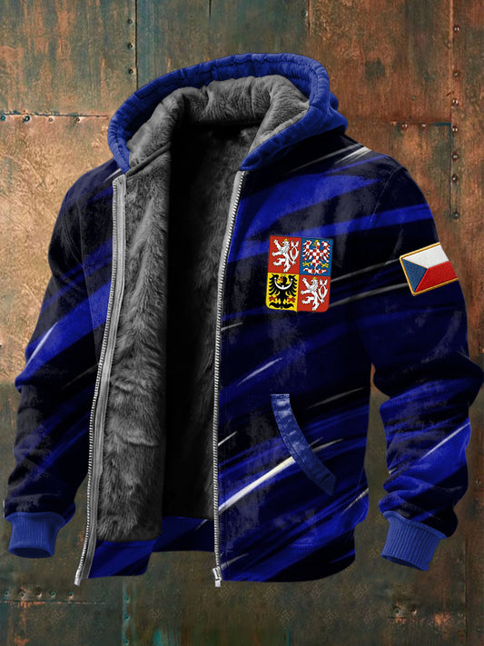Retro abstraktní pruh czech emblem fleecelined with hooded jacket