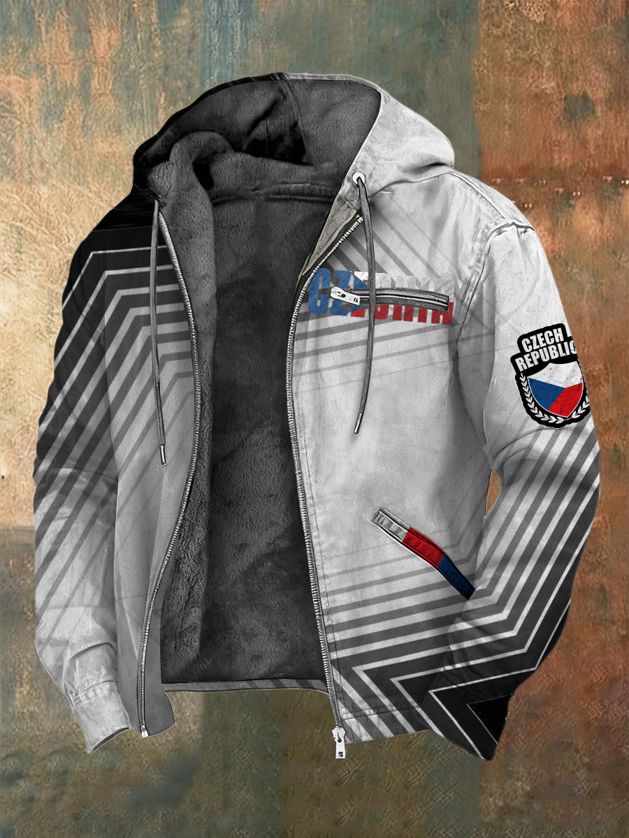 Pánské moderní černošedý pruh česká republika print sherpalined jacket