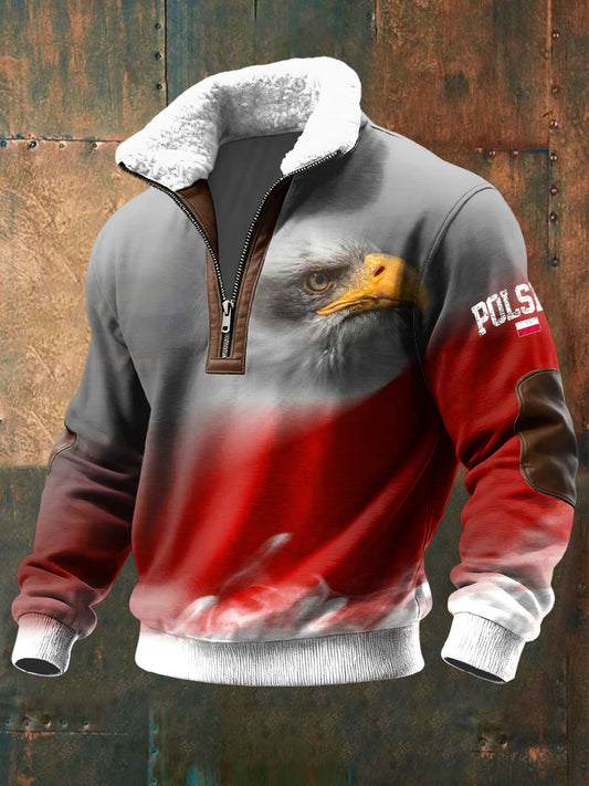 Retro polský orel abstraktní jehněčívlna zips pulóver