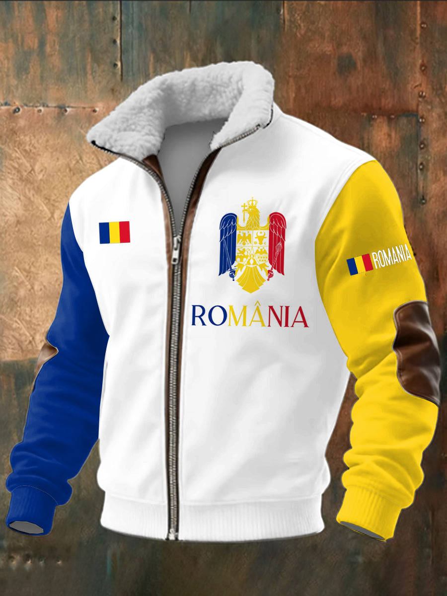 Pánské rumunsko tištěné dlouhé rukávy stand up golier jehňata zips top