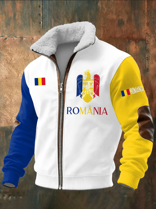 Pánské rumunsko tištěné dlouhé rukávy stand up golier jehňata zips top