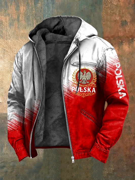 Retro abstract flag emblem casual fleecelined with hooded jacket