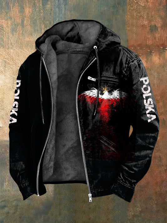 Retro polish eagle flag abstract fleecelined hooded jacket