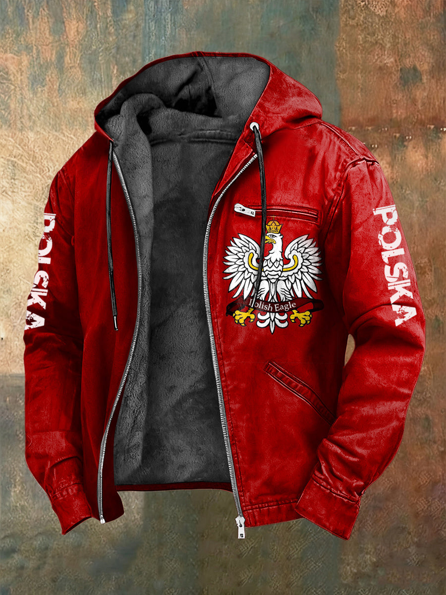 Retro polish eagle patriot fleecelined with hooded jacket