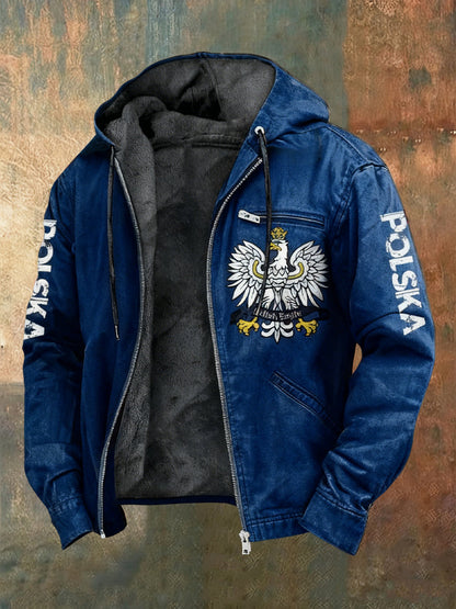 Retro polish eagle patriot fleecelined with hooded jacket