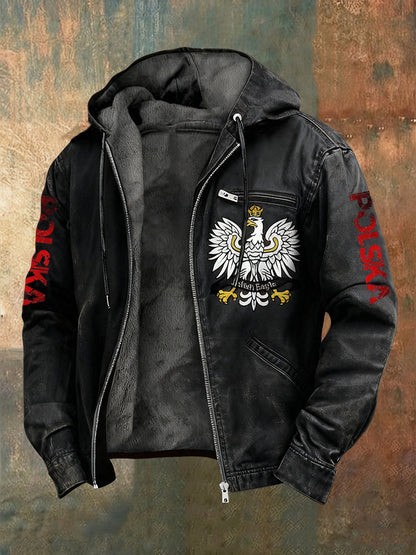 Retro polish eagle patriot fleecelined with hooded jacket