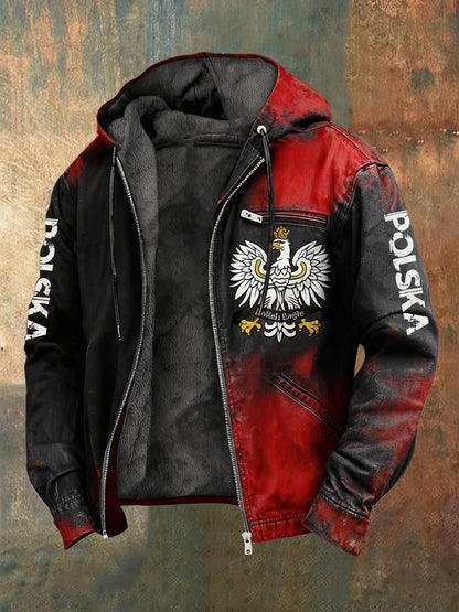 Retro polish eagle patriot fleecelined with hooded jacket