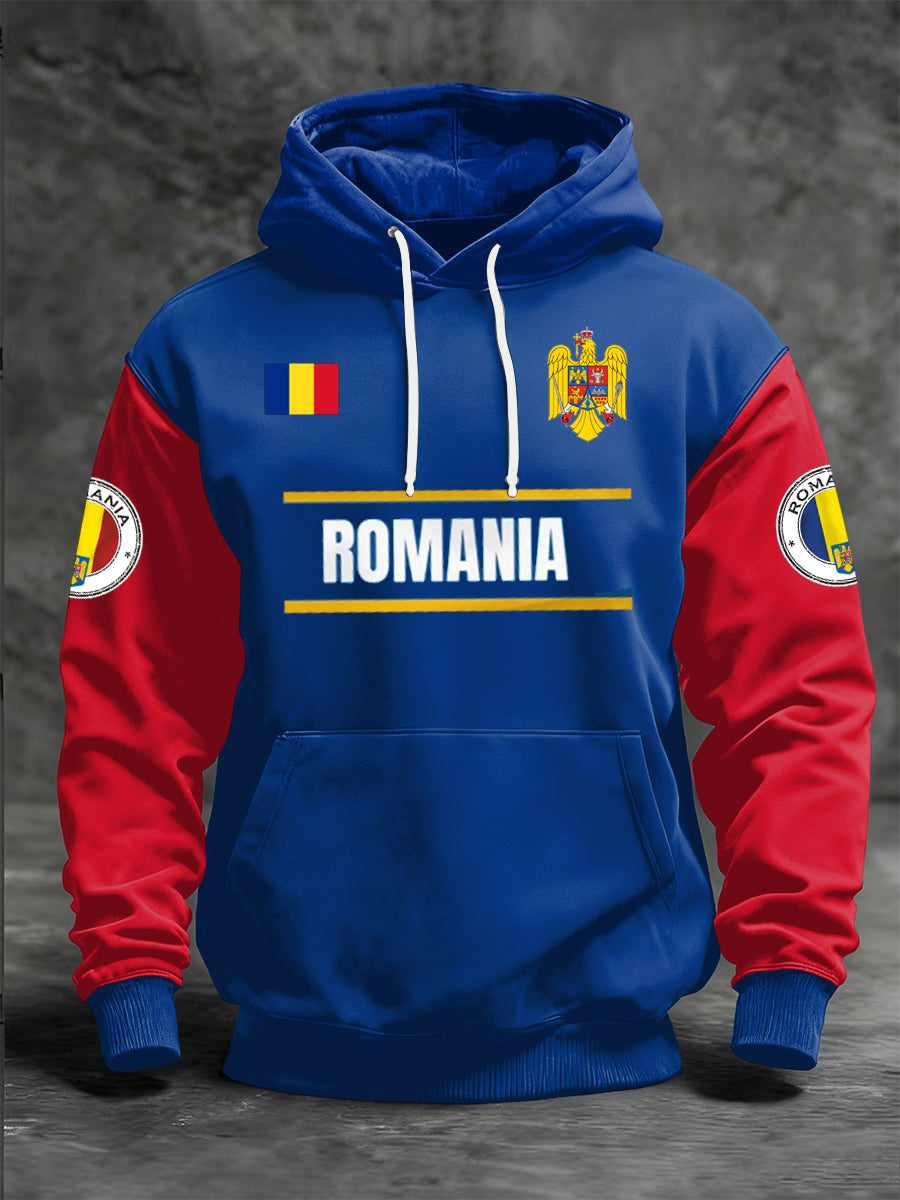 Men romania printed waffle long sleeved hooded sweatshirt