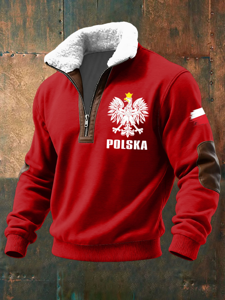 Retro polský bílý orel jehněčívlna patchwork zips pulóver