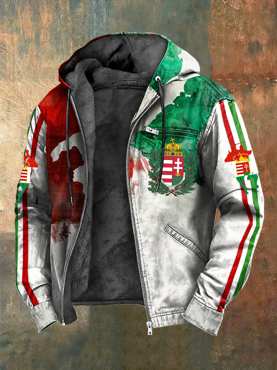 Retro abstraktní magyar vlajka fleecelemované kabát s kapucinou