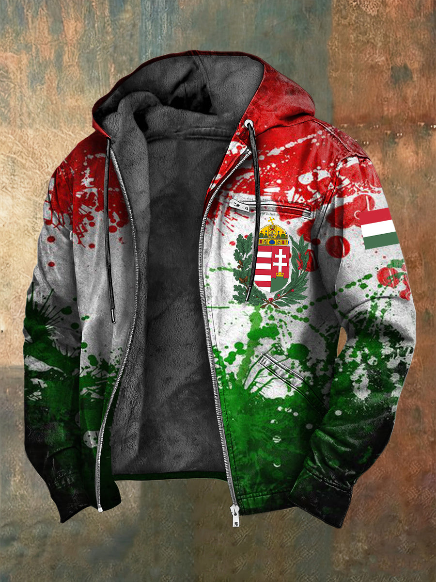 Retro abstract inkwashed hungarian flag fleecelined hooded jacket