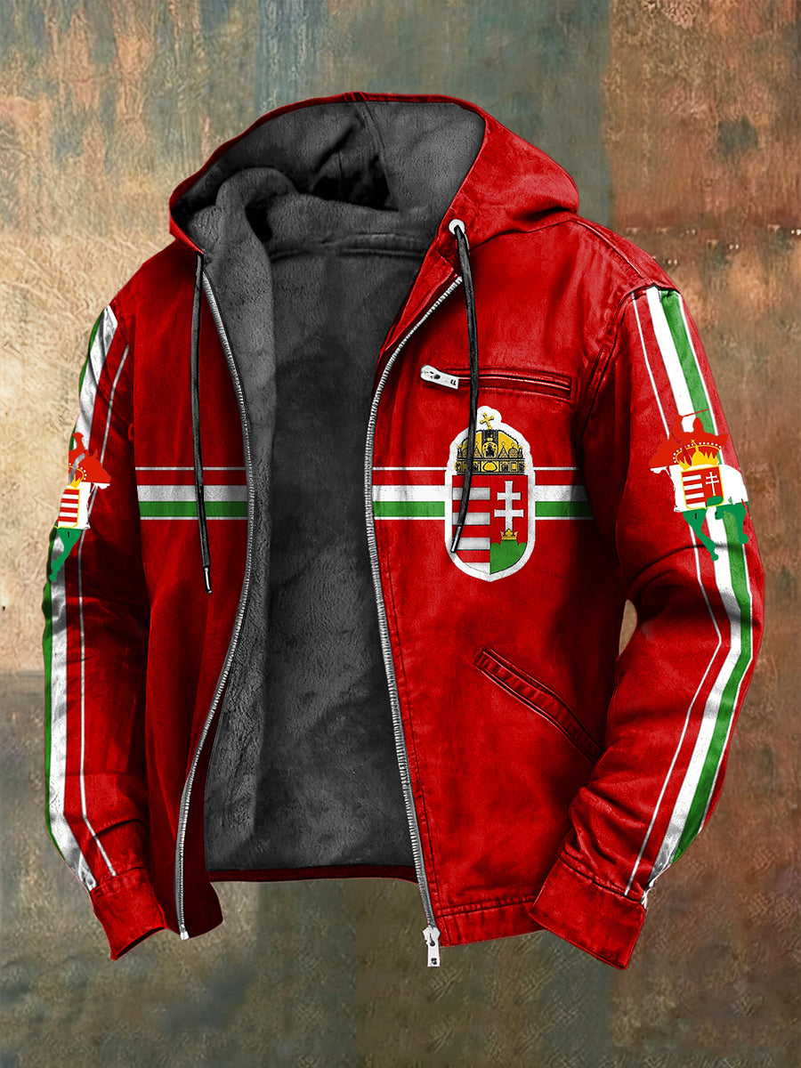 Retro hungarian flag patch fleecelined hooded jacket