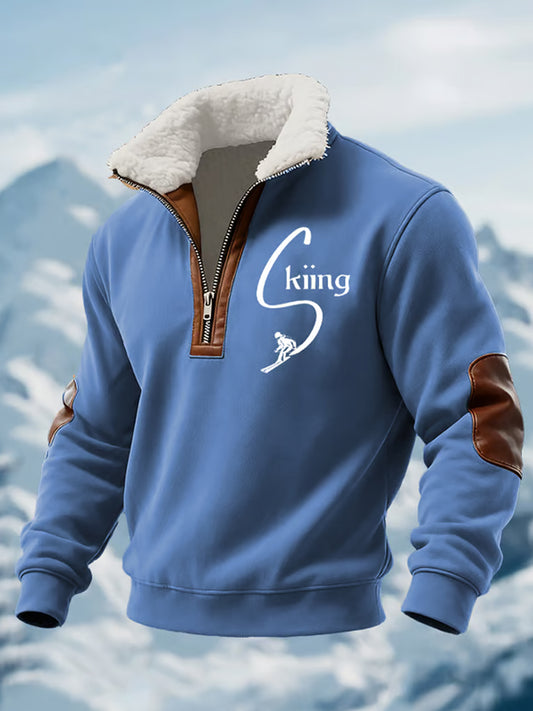 Men casual ski art print zipper comfortable fur collar longsleeve sweatshirt